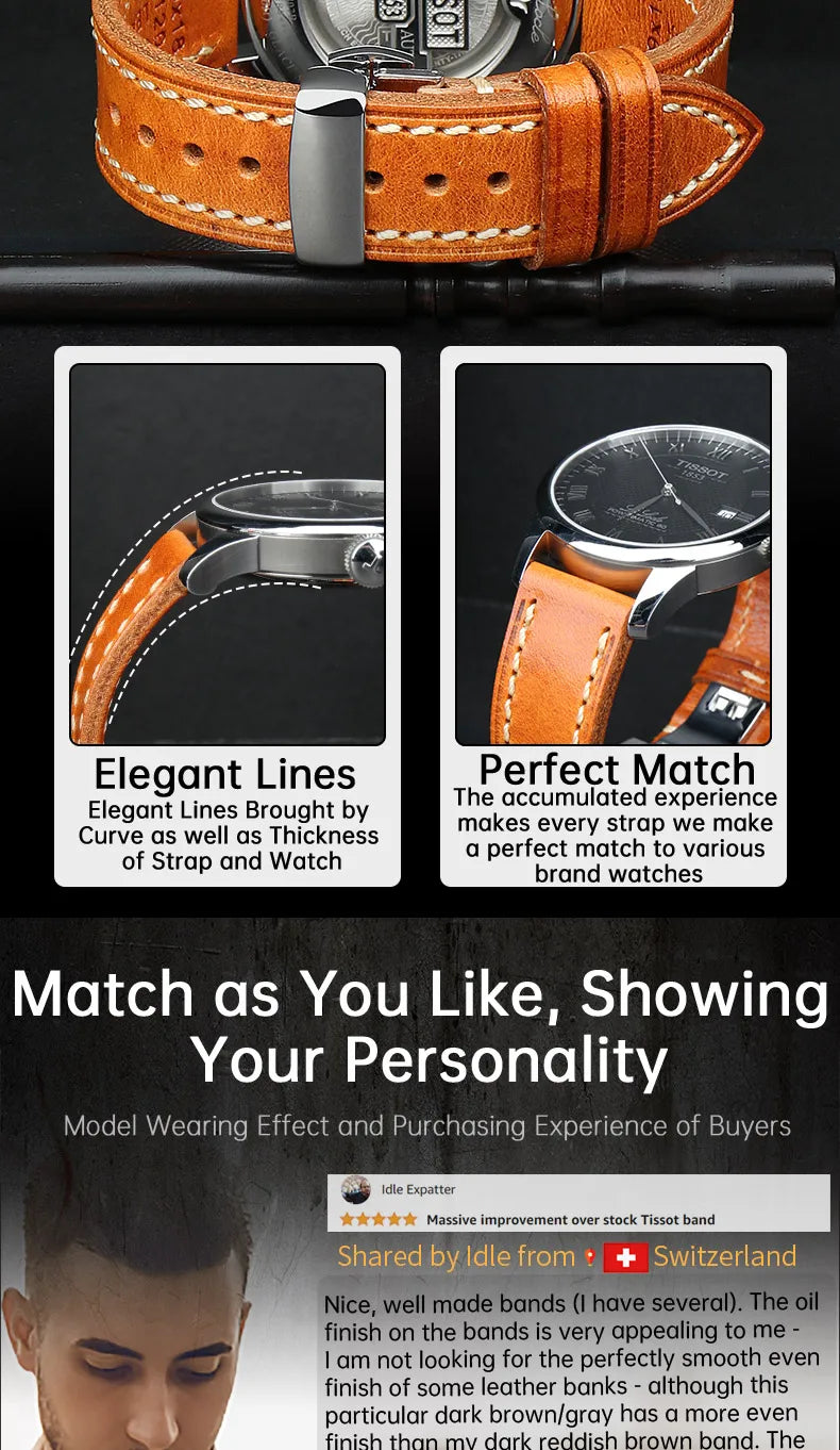 MAIKES Handmade AAA Leather Watch Band – Vintage Black (20-24mm)