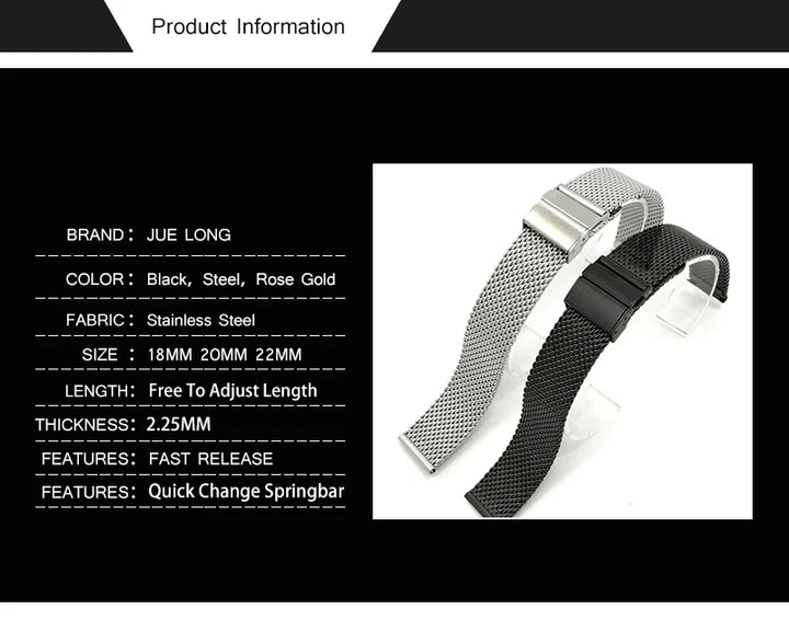Premium Stainless Steel Watch Strap 18–22mm Quick Release