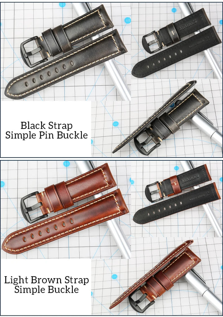 Handmade Oil Wax Leather Watch Strap – Blue 20/22/24mm with Black Buckle for Fossil