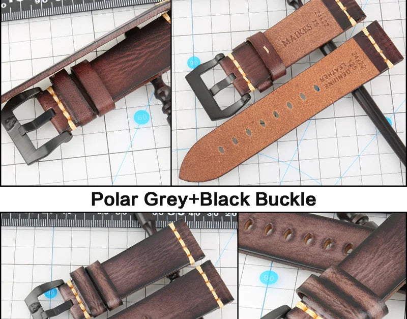 MAIKES Handmade Genuine Cow Leather Watch Band Vintage Black Watchband Watch Bracelet 20mm 22mm 24mm Watch Strap
