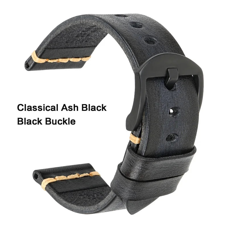 MAIKES Handmade Calfskin Leather Watch Strap – 20/22/24mm, Vintage for Panerai, MIDO & Longines