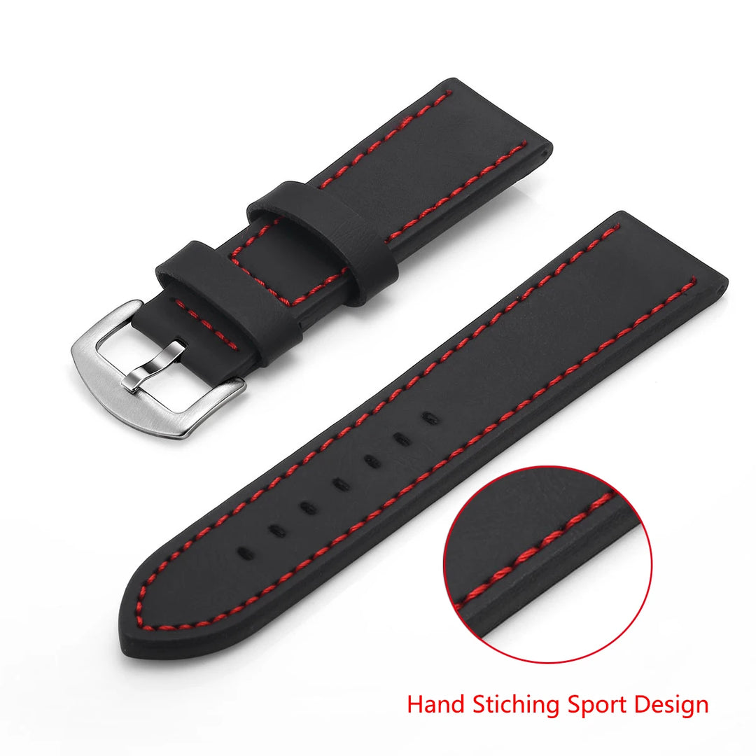 Fashion Vintage Leather Watch Strap – 18–24mm, Stainless Steel Buckle