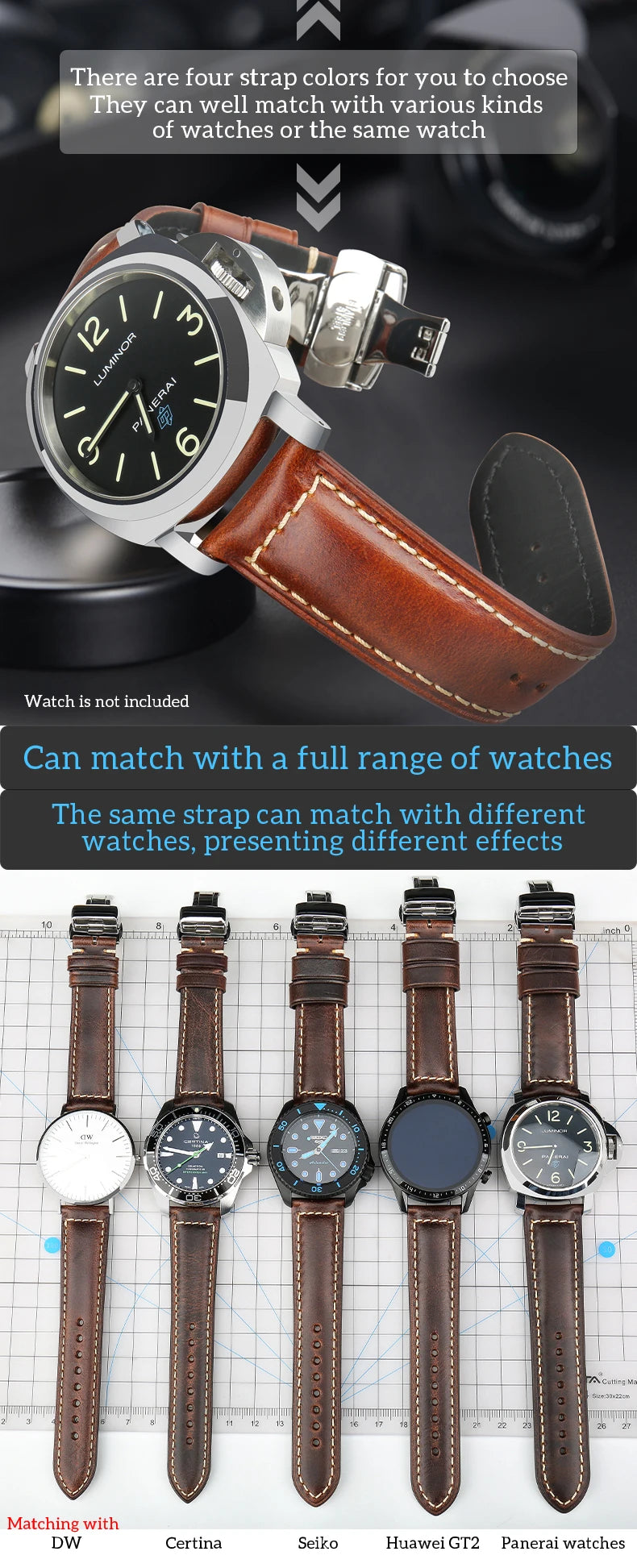 Cowhide Leather Watch Strap – 20/22/24mm, Butterfly Buckle Clasp