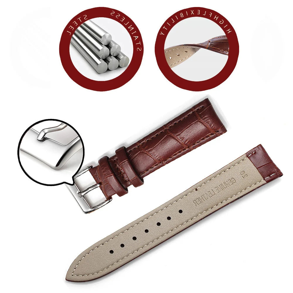 Genuine Leather Watch Strap – 14–24mm with Steel Buckle & Tool