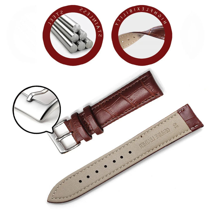 Genuine Leather Watch Strap – 14–24mm with Steel Buckle & Tool