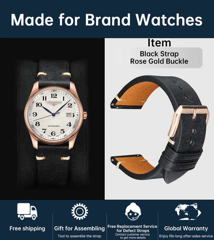 Luxury Italian Vintage Cowhide Leather Strap with Butterfly Buckle