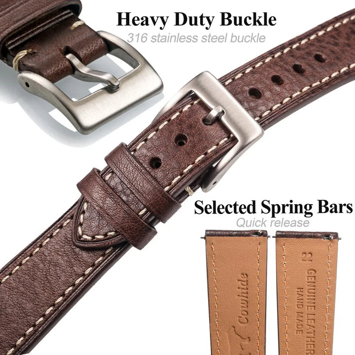 HEMSUT Italy Genuine Leather Watch Strap – Vintage, Handmade, Quick Release (18/20/22mm)