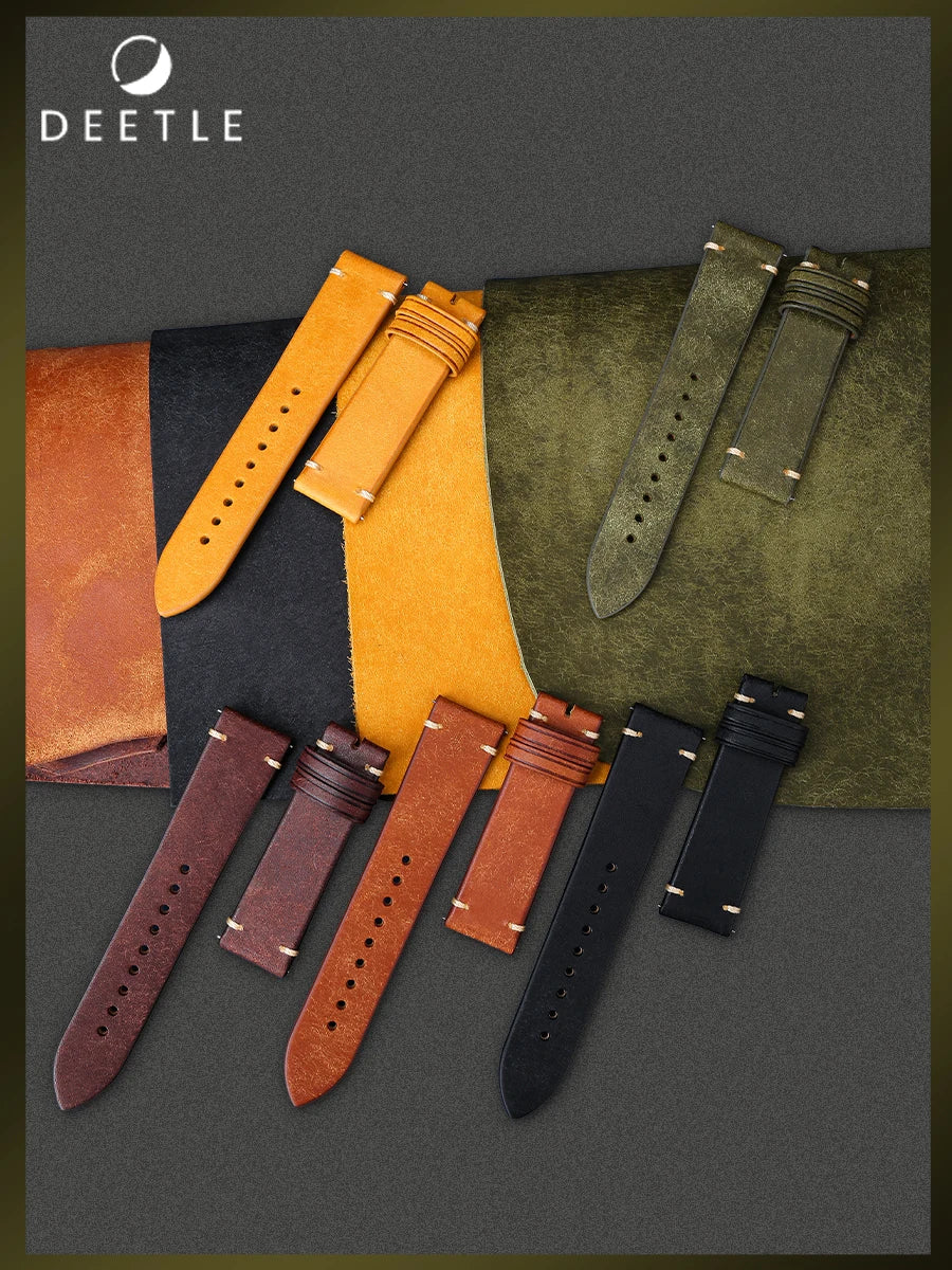 Luxury Italian Vintage Cowhide Leather Strap with Butterfly Buckle