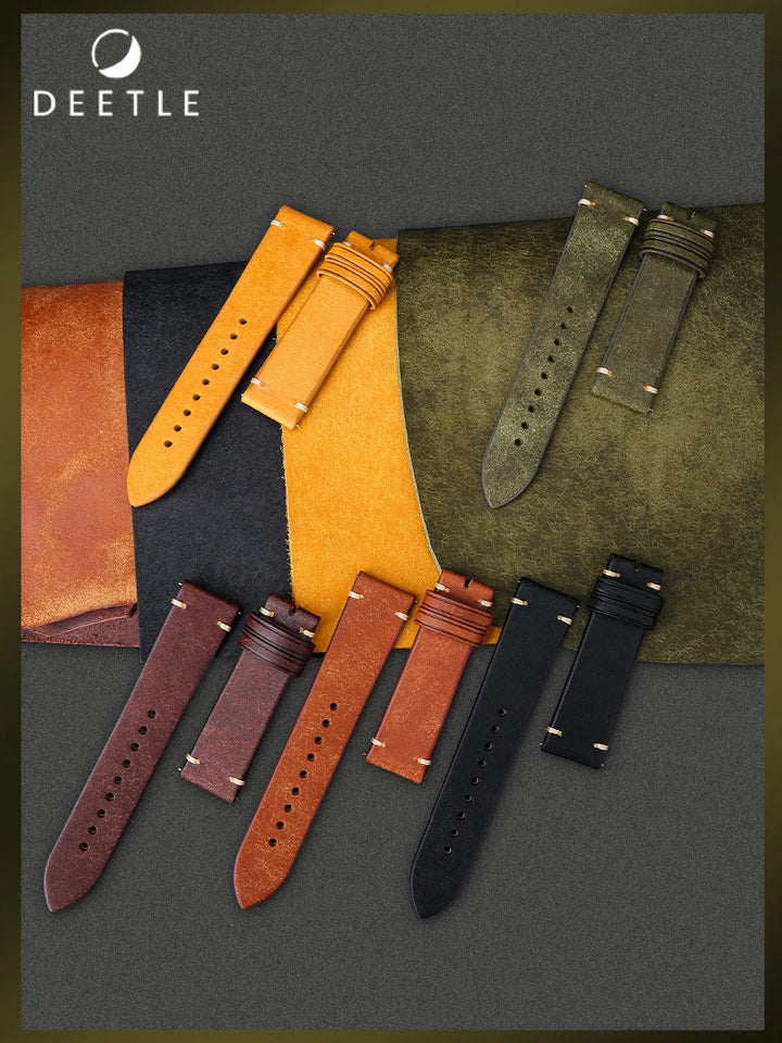 MAIKES Vintage Leather Watch Strap with Butterfly Buckle