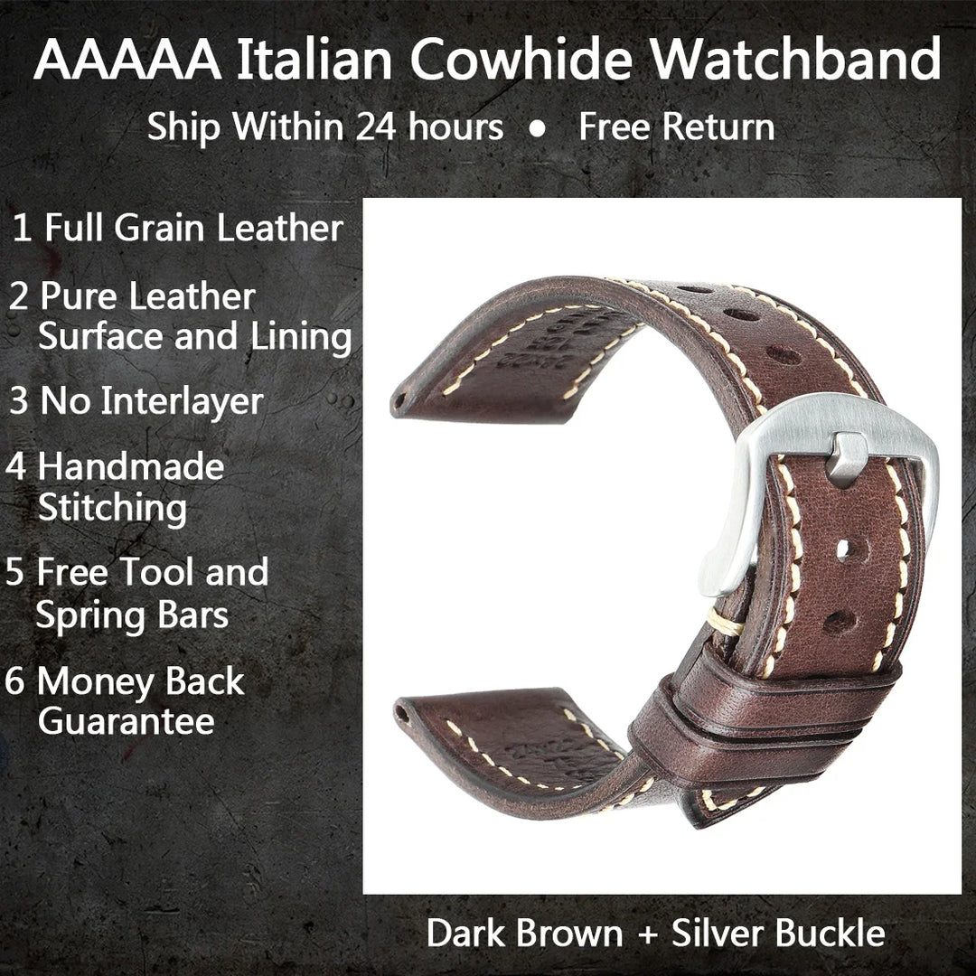 MAIKES Handmade AAA Leather Watch Band – Vintage Black (20-24mm)