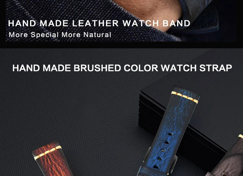 MAIKES Handmade Calfskin Leather Watch Strap – 20/22/24mm, Vintage for Panerai, MIDO & Longines