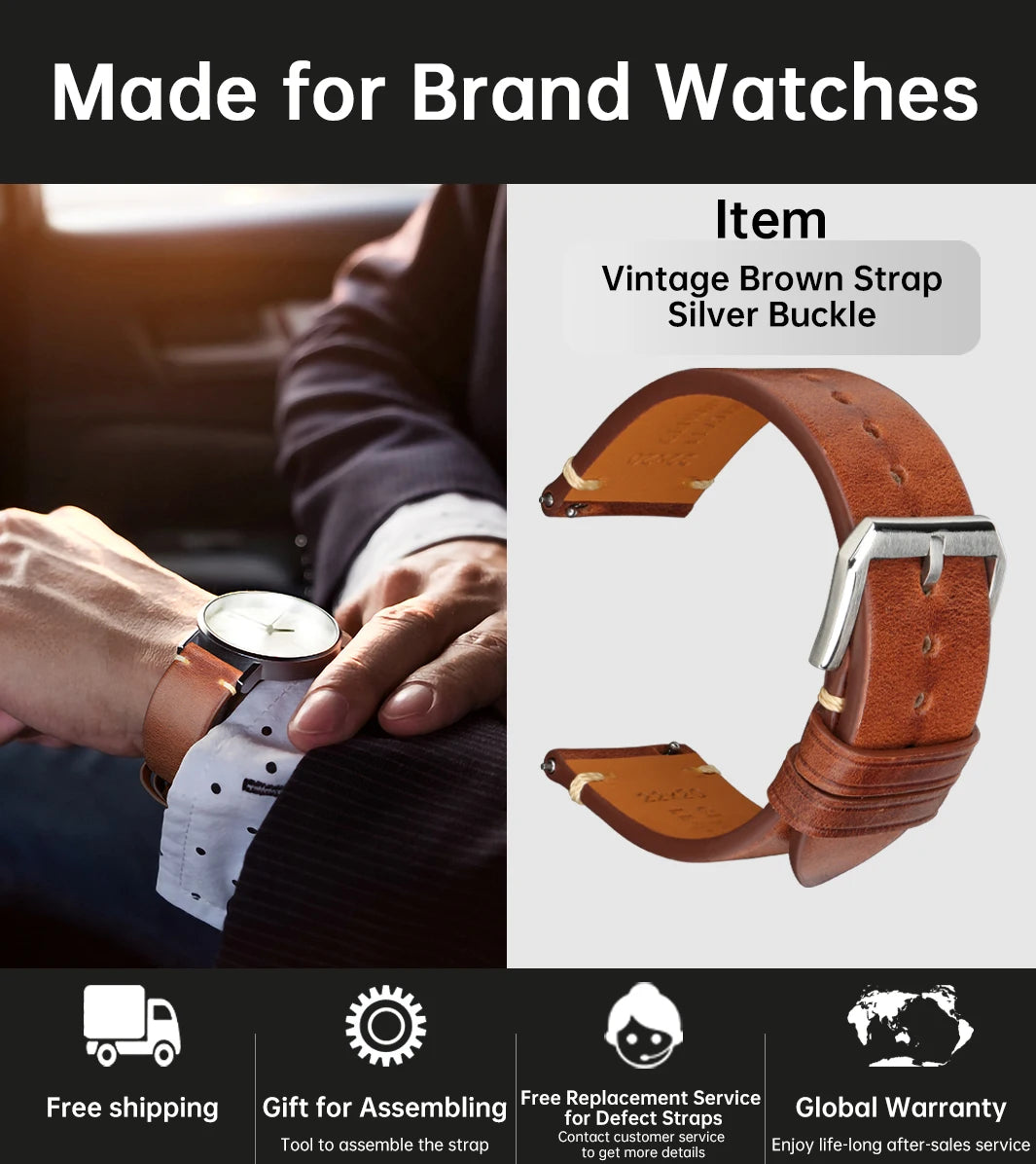 Vintage Vegetable-Tanned Leather Watch Band 20-24mm from Tuscany, Italy