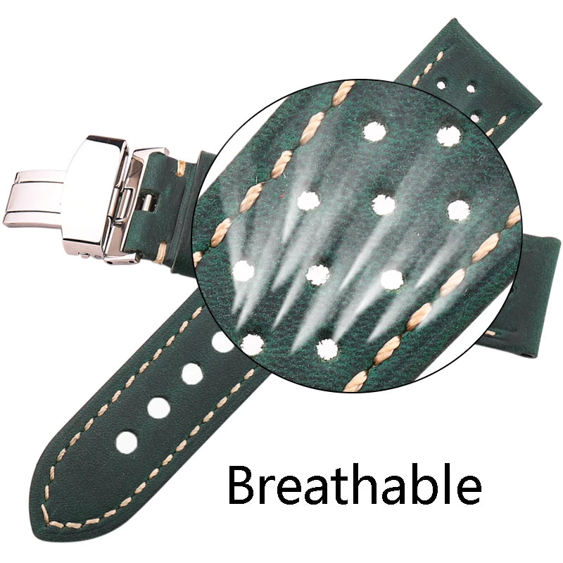 Breathable Genuine Leather Watchband with Deployment Clasp  20mm 22mm 24mm Comfortable Soft Watch Strap