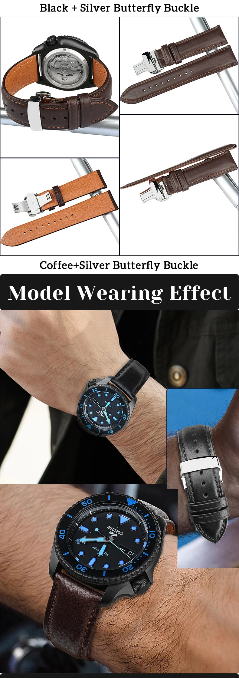 MAIKES Luxury Cow Leather Watch Bands 20mm 22mm 24mm With 316L Stainless Steel Butterfly Buckle Watch Strap Soft Watchbands