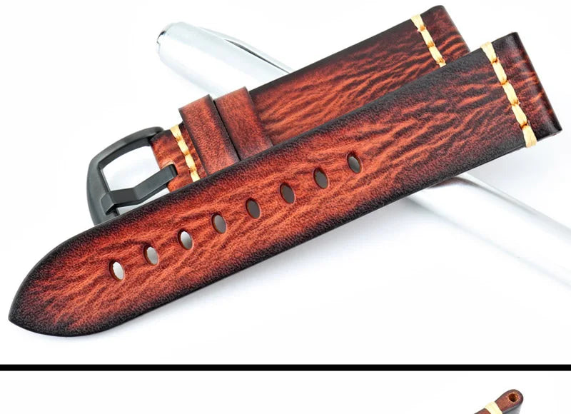 MAIKES Handmade Calfskin Leather Watch Strap – 20/22/24mm, Vintage for Panerai, MIDO & Longines