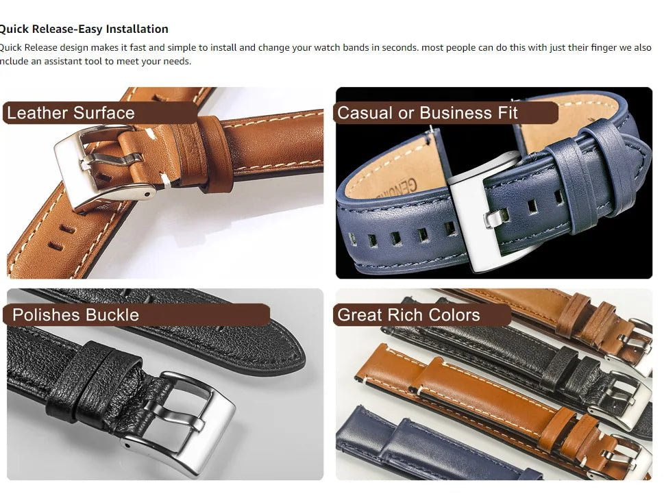 HEMSUT Genuine Cowhide Leather Quick-Release Watch Strap (18-24mm)