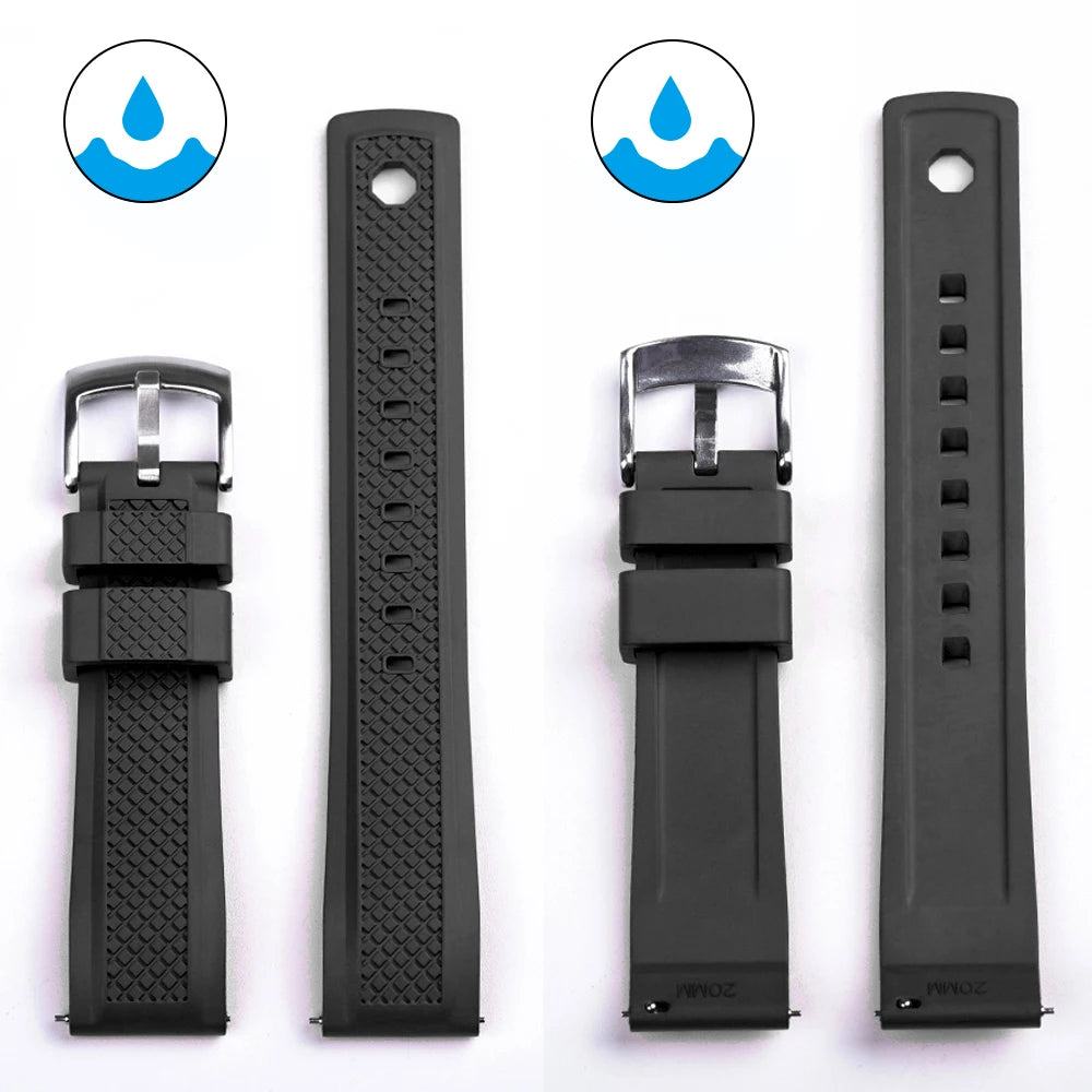 Quality Vulcanized FKM Rubber Watch Strap 20mm 22mm Black Blue Wristband Slide Keeper Ring With Quick Release Sport Watchband
