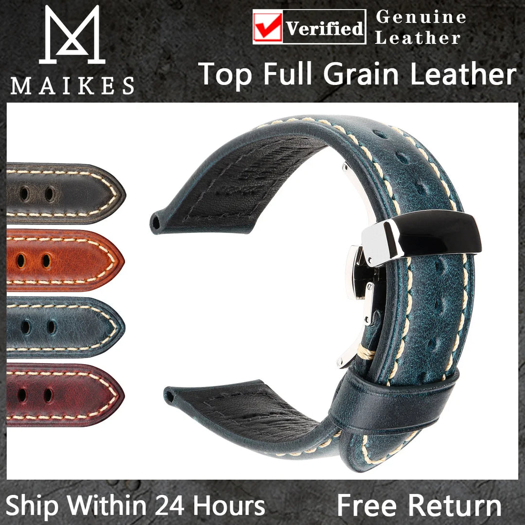 Cowhide Leather Watch Strap – 20/22/24mm, Butterfly Buckle Clasp