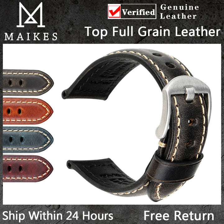 Handmade Oil Wax Leather Watch Strap – Blue 20/22/24mm with Black Buckle for Fossil