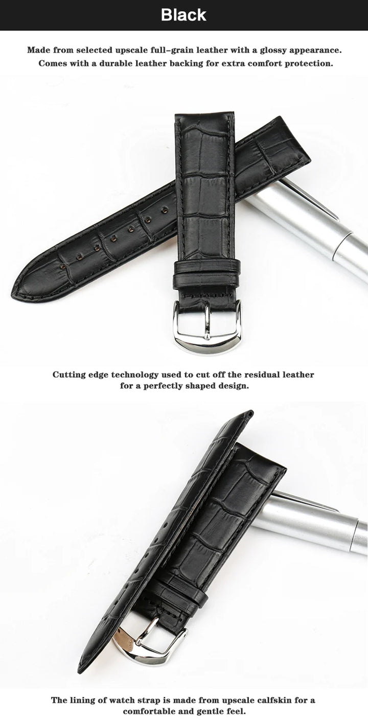 MAIKES Genuine Leather Watch Strap – 18/20/22mm, Black Wristband