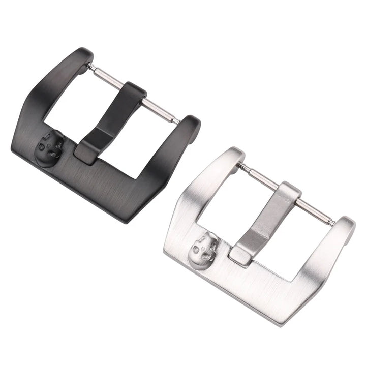 Stainless Steel Watch Buckle – 18–24mm, Silver/Black, Brushed Skull Clasp