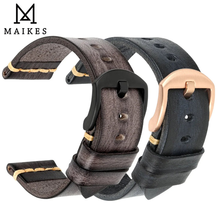 MAIKES Handmade Calfskin Leather Watch Strap – 20/22/24mm, Vintage for Panerai, MIDO & Longines