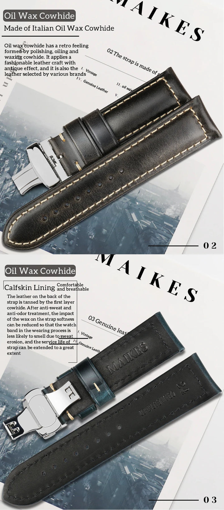 Cowhide Leather Watch Strap – 20/22/24mm, Butterfly Buckle Clasp