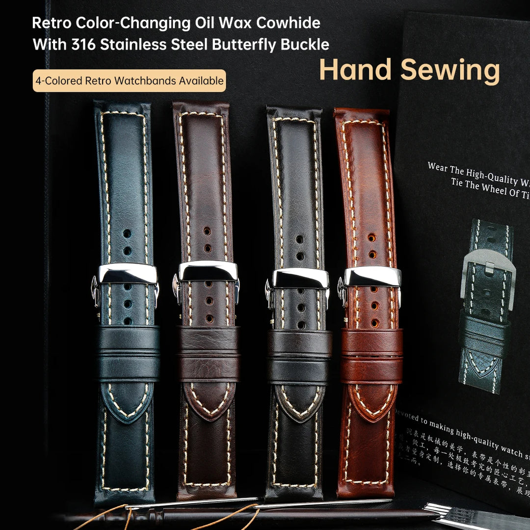 Cowhide Leather Watch Strap – 20/22/24mm, Butterfly Buckle Clasp