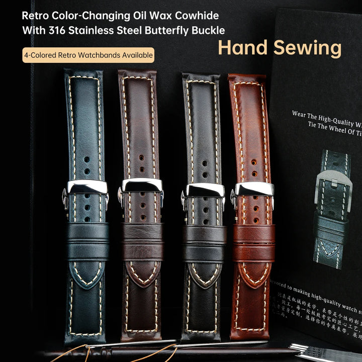 Cowhide Leather Watch Strap – 20/22/24mm, Butterfly Buckle Clasp