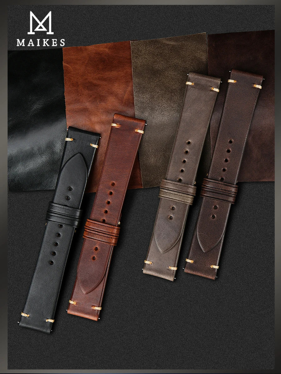 MAIKES Handmade Watchband Butterfly Buckle Vegetable Tanned Cow Leather Made In Italy Quick Release Bracelet Band Watch Strap