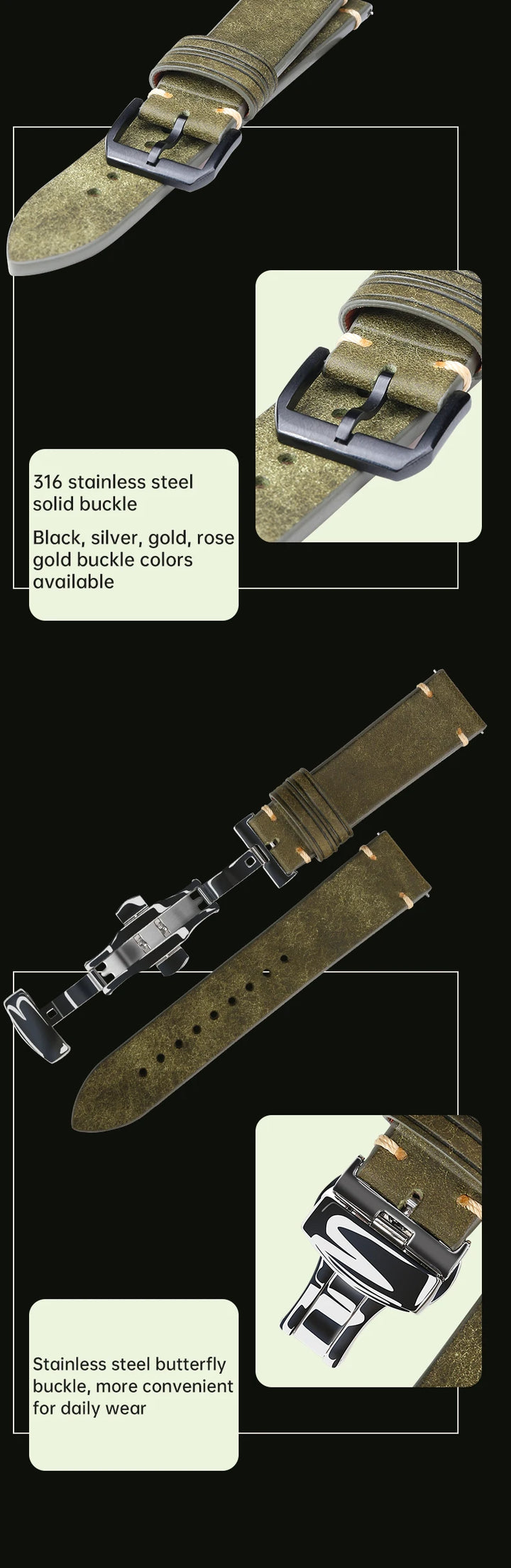MAIKES Vintage Leather Watch Strap with Butterfly Buckle