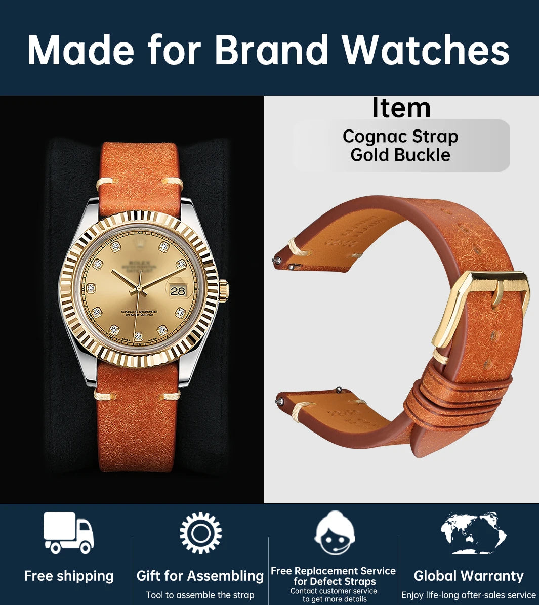 MAIKES Vintage Leather Watch Strap with Butterfly Buckle