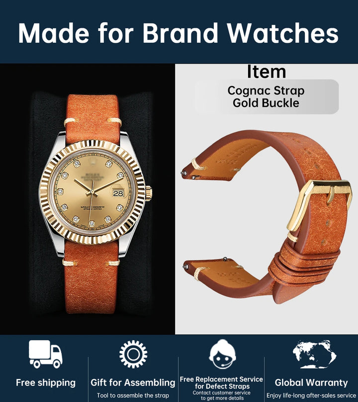 MAIKES Vintage Leather Watch Strap with Butterfly Buckle