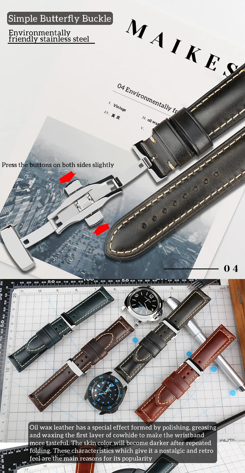 Cowhide Leather Watch Strap – 20/22/24mm, Butterfly Buckle Clasp