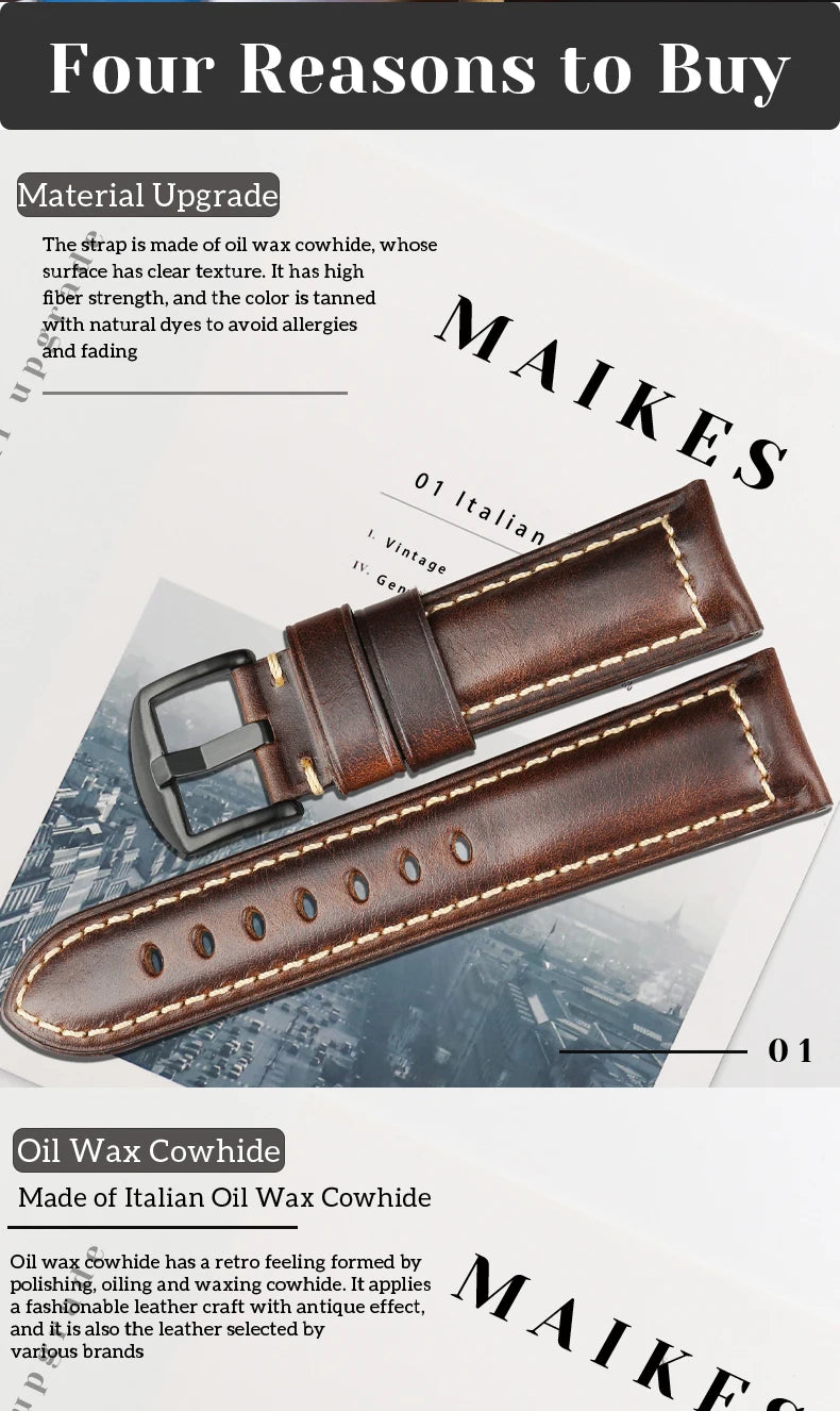 Vintage Oil Wax Leather Watch Strap 20–26mm for Panerai & Breitling – MAIKES