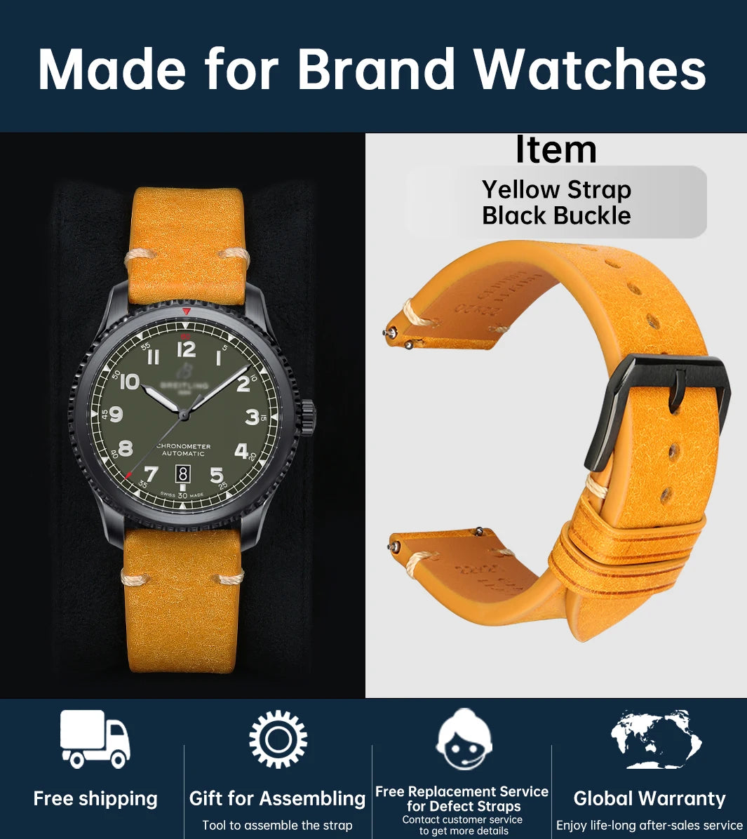 MAIKES Vintage Leather Watch Strap with Butterfly Buckle