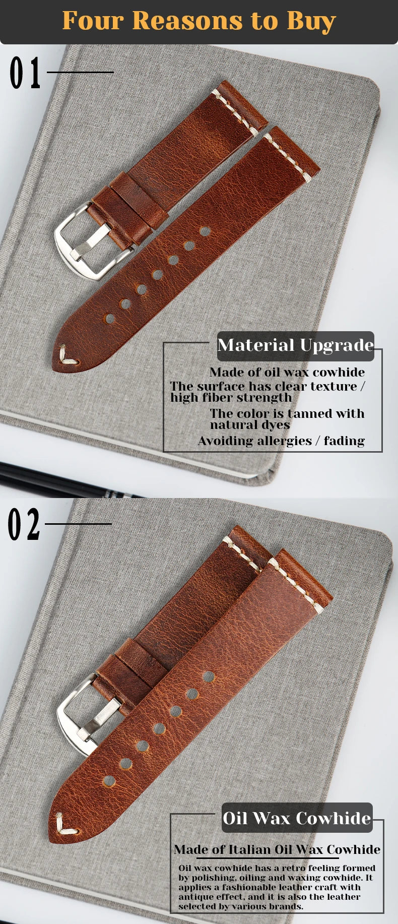 MAIKES Vintage Greased Leather Watch Band 20-24mm Red for Omega