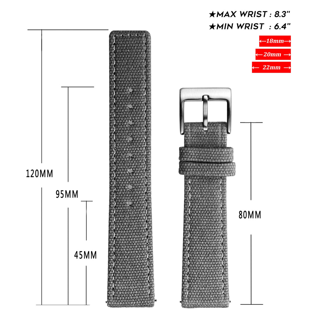 Hemsut Grey Canvas Quick-Release Watch Strap (18-22mm)