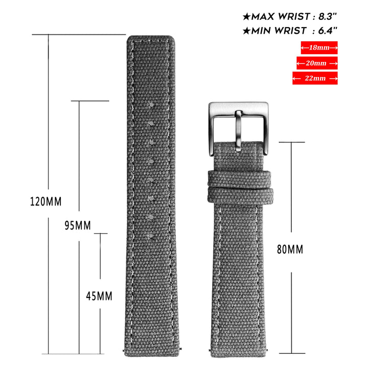 Hemsut Grey Canvas Quick-Release Watch Strap (18-22mm)