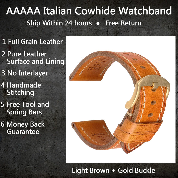 MAIKES Full Grain Cowhide Leather Watch Strap – Handmade Vintage for Omega & Hamilton