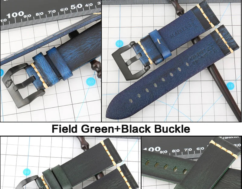 MAIKES Handmade Genuine Cow Leather Watch Band Vintage Black Watchband Watch Bracelet 20mm 22mm 24mm Watch Strap