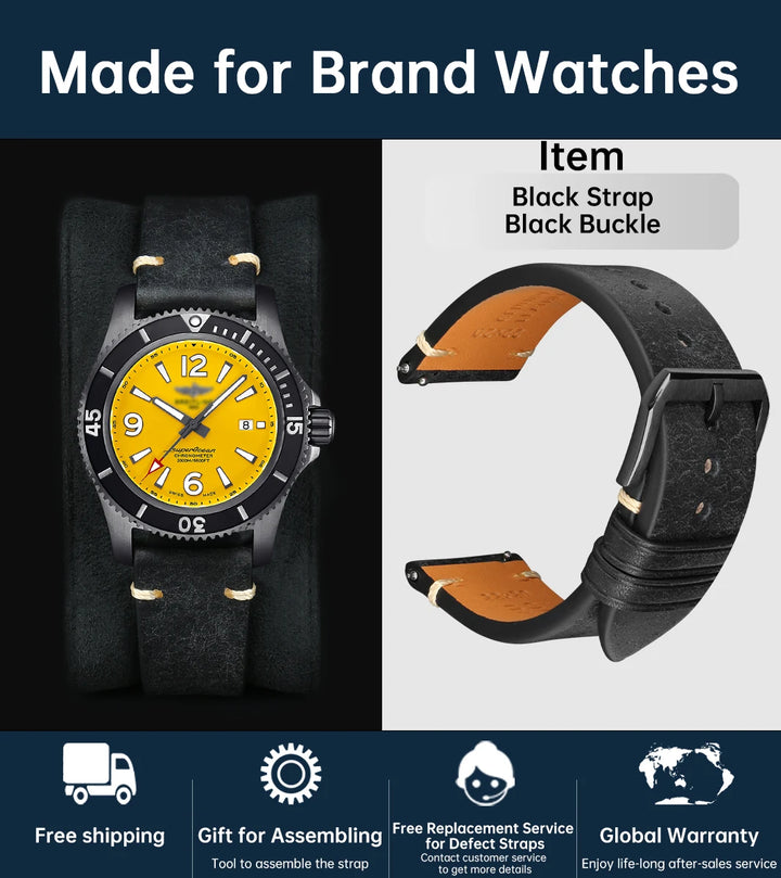 Luxury Italian Vintage Cowhide Leather Strap with Butterfly Buckle