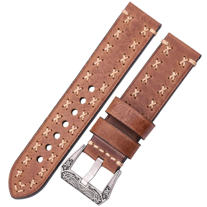Handmade Genuine Leather Watch Strap 22–24mm with Retro Stainless Steel Buckle