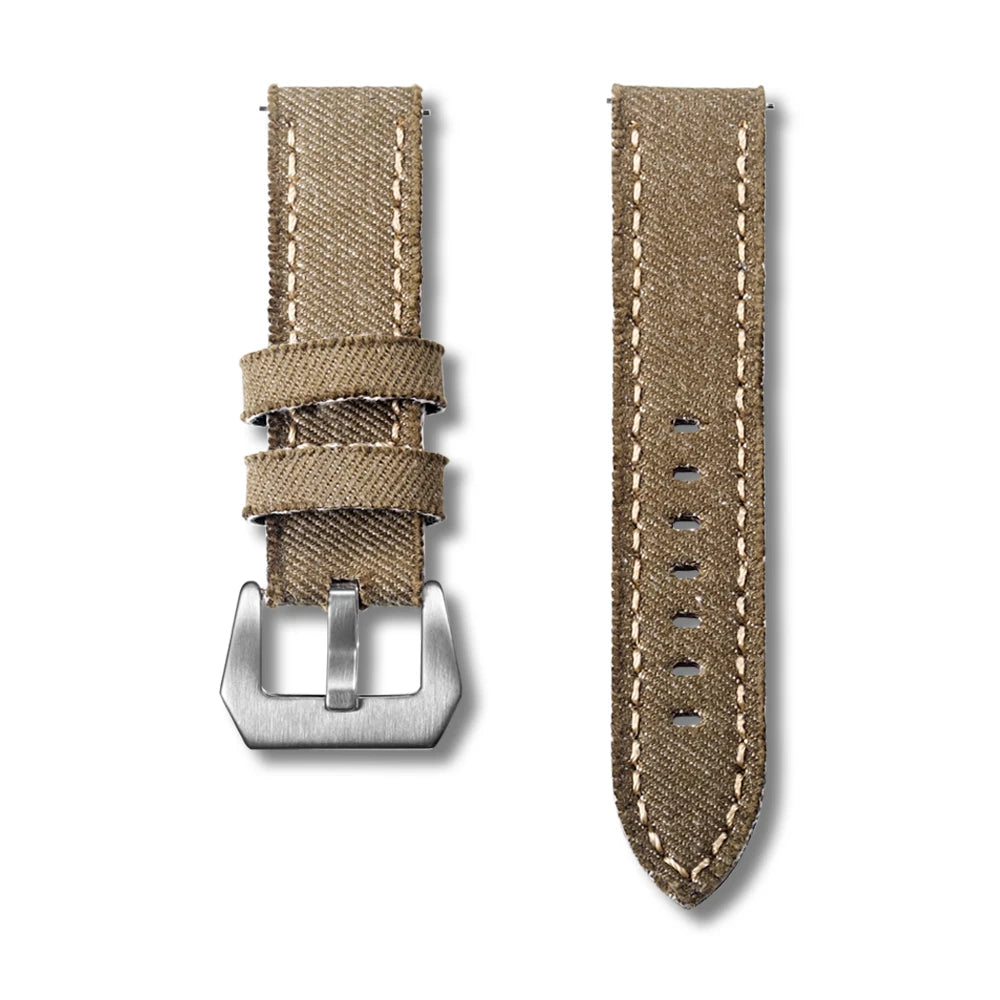 Hemsut Denim Canvas Watch Strap – 20–24mm Quick-Release Khaki, Steel Buckle