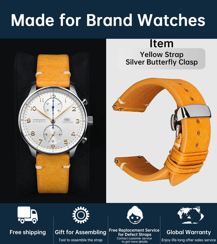 MAIKES Vintage Leather Watch Strap with Butterfly Buckle