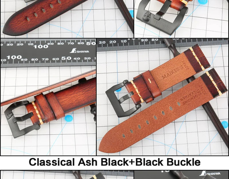 MAIKES Handmade Genuine Cow Leather Watch Band Vintage Black Watchband Watch Bracelet 20mm 22mm 24mm Watch Strap