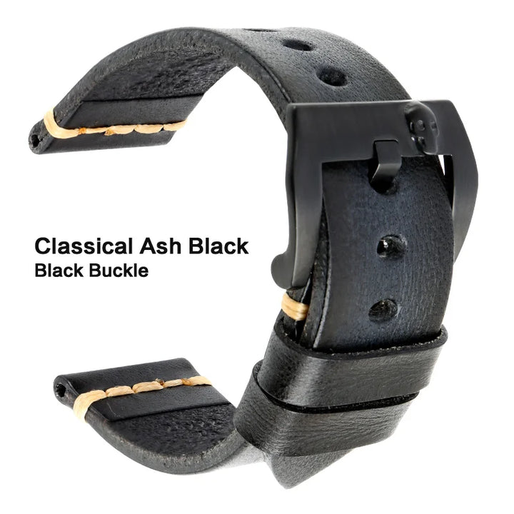 MAIKES Handmade Genuine Cow Leather Watch Band Vintage Black Watchband Watch Bracelet 20mm 22mm 24mm Watch Strap