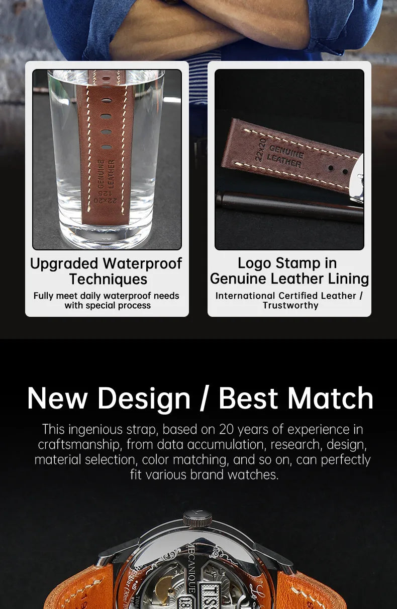 MAIKES Watch Accessories Leather Watch Strap With Stainless Steel Butterfly Buckle 20mm 22mm Men's Bracelet Watch Band