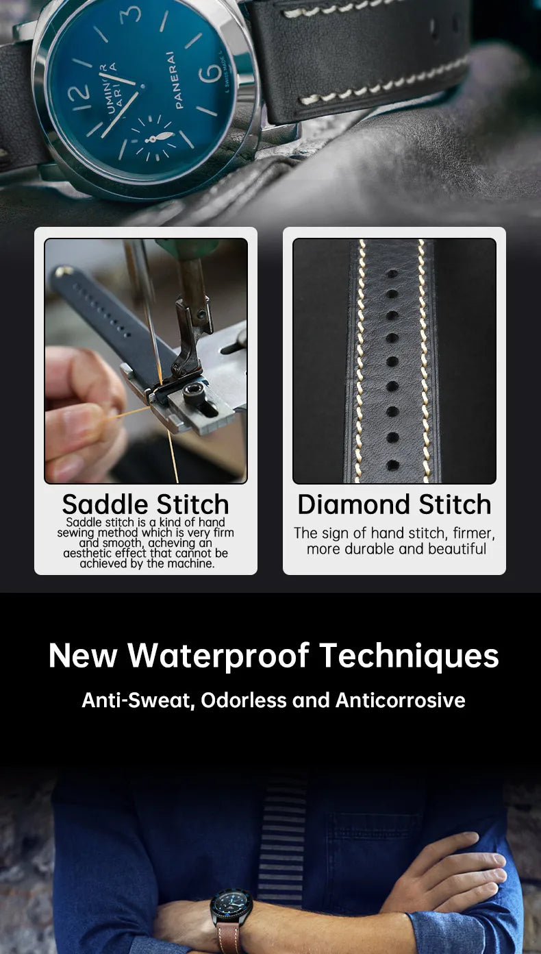 MAIKES Watch Accessories Leather Watch Strap With Stainless Steel Butterfly Buckle 20mm 22mm Men's Bracelet Watch Band