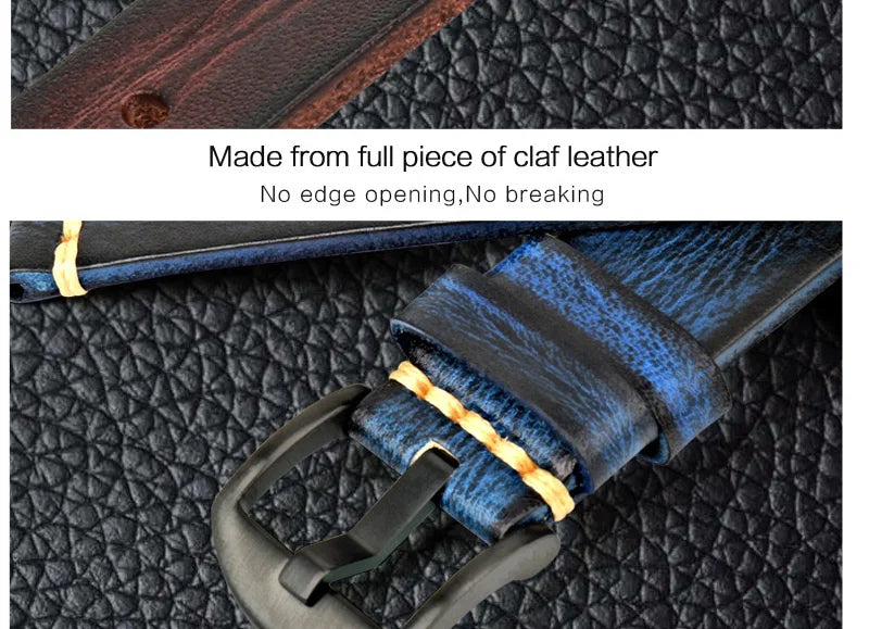 MAIKES Handmade Calfskin Leather Watch Strap – 20/22/24mm, Vintage for Panerai, MIDO & Longines